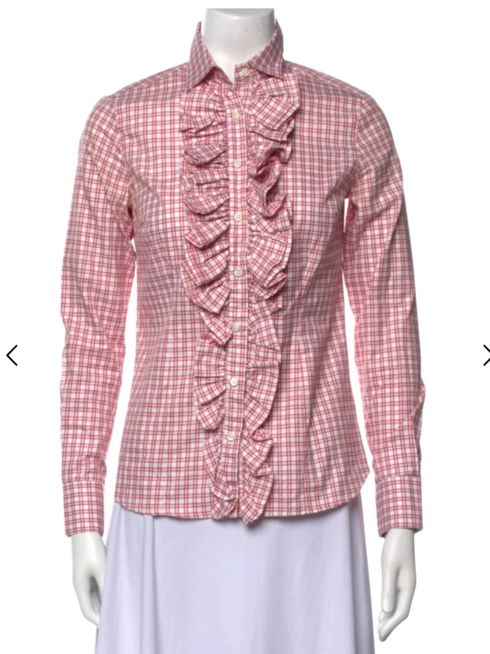 Hadleigh’s Plaid Ruffle-Front Button Down Shirt